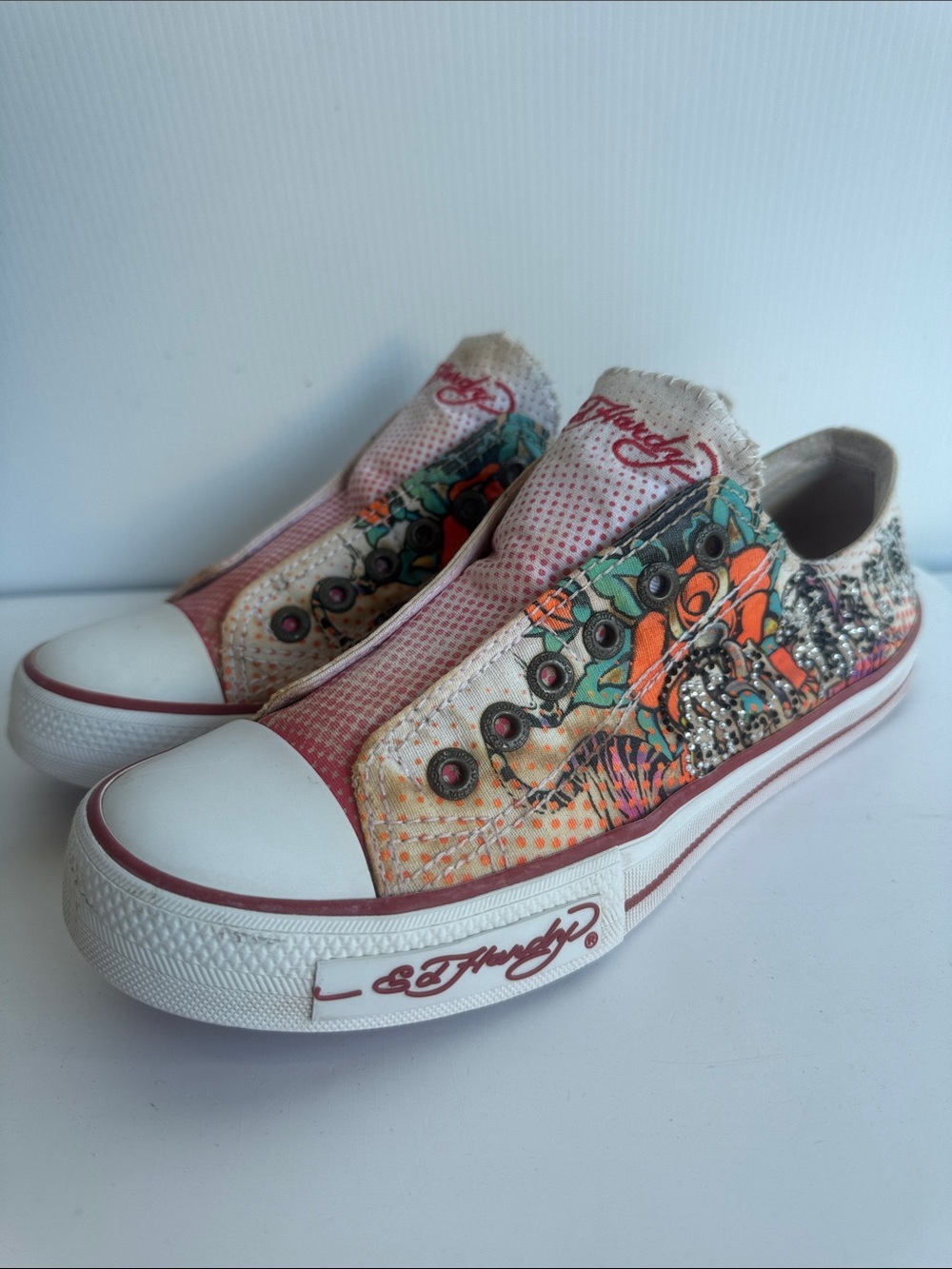 ED HARDY SLIP ON LACELESS SNEAKERS SIZE 9 RHINESTONES RATTLESNAKE ROSE